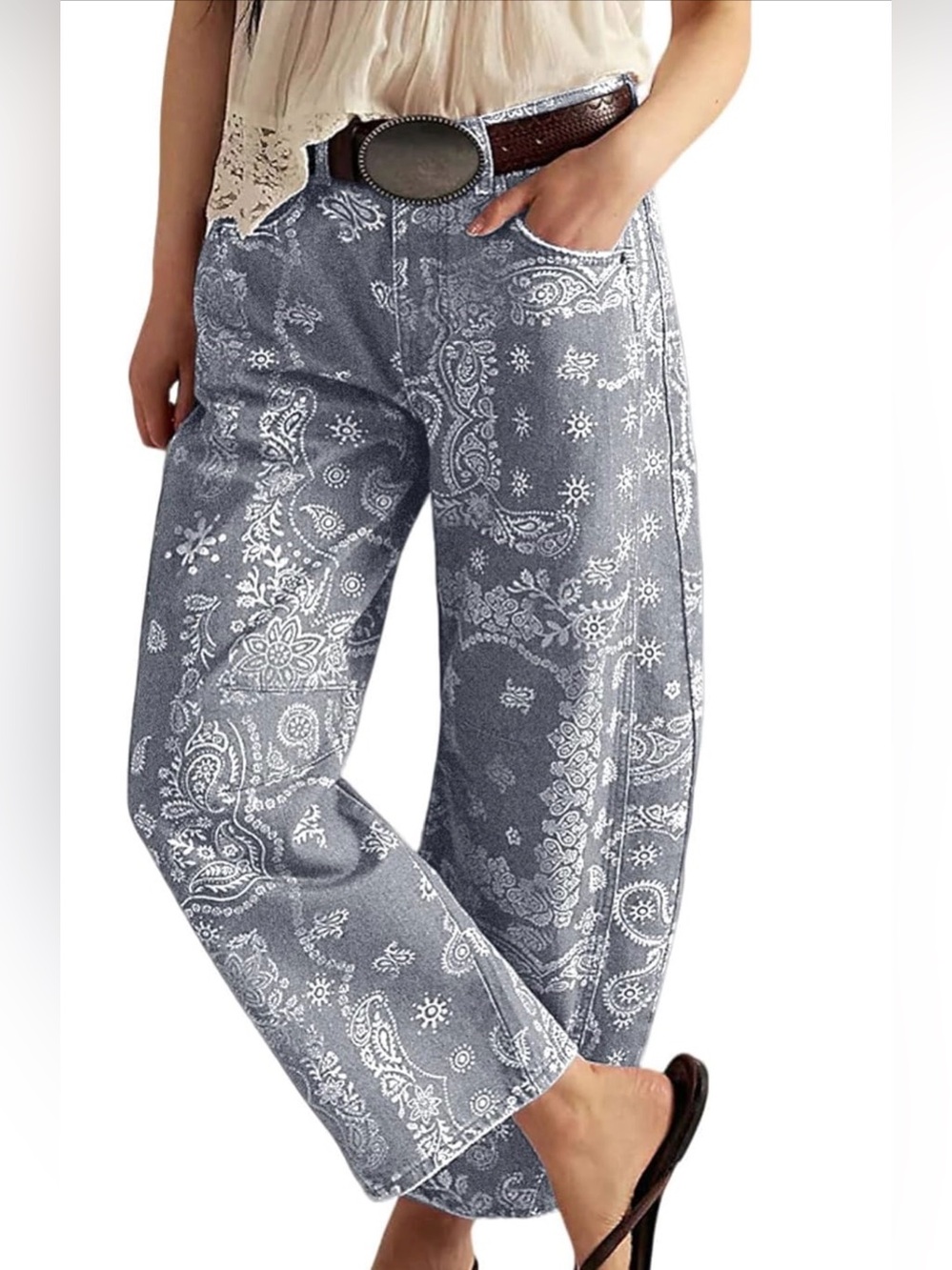 NWT Loveimgs Gray Bandana Print Wide Leg Jeans | Size Large